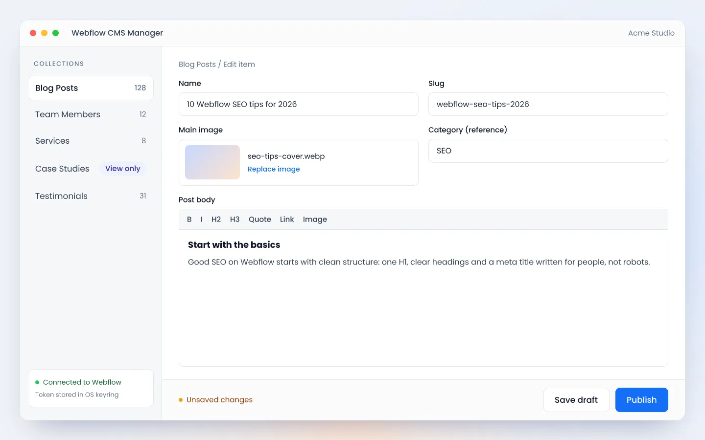Webflow CMS Manager edit screen with item fields and publish button