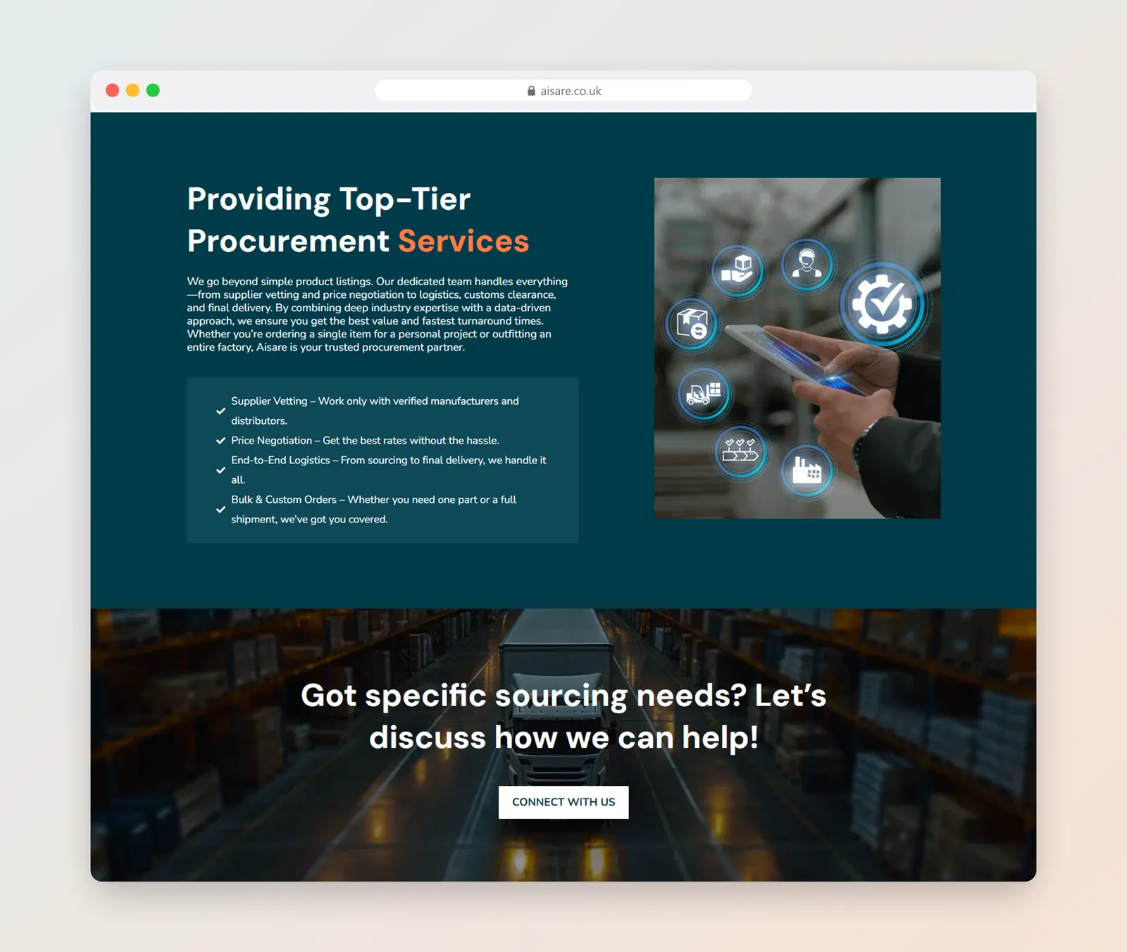 Aisare trading company website – full page section 2