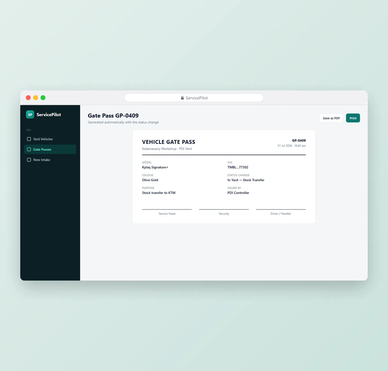 ServicePilot workshop tracking web app – screen 3