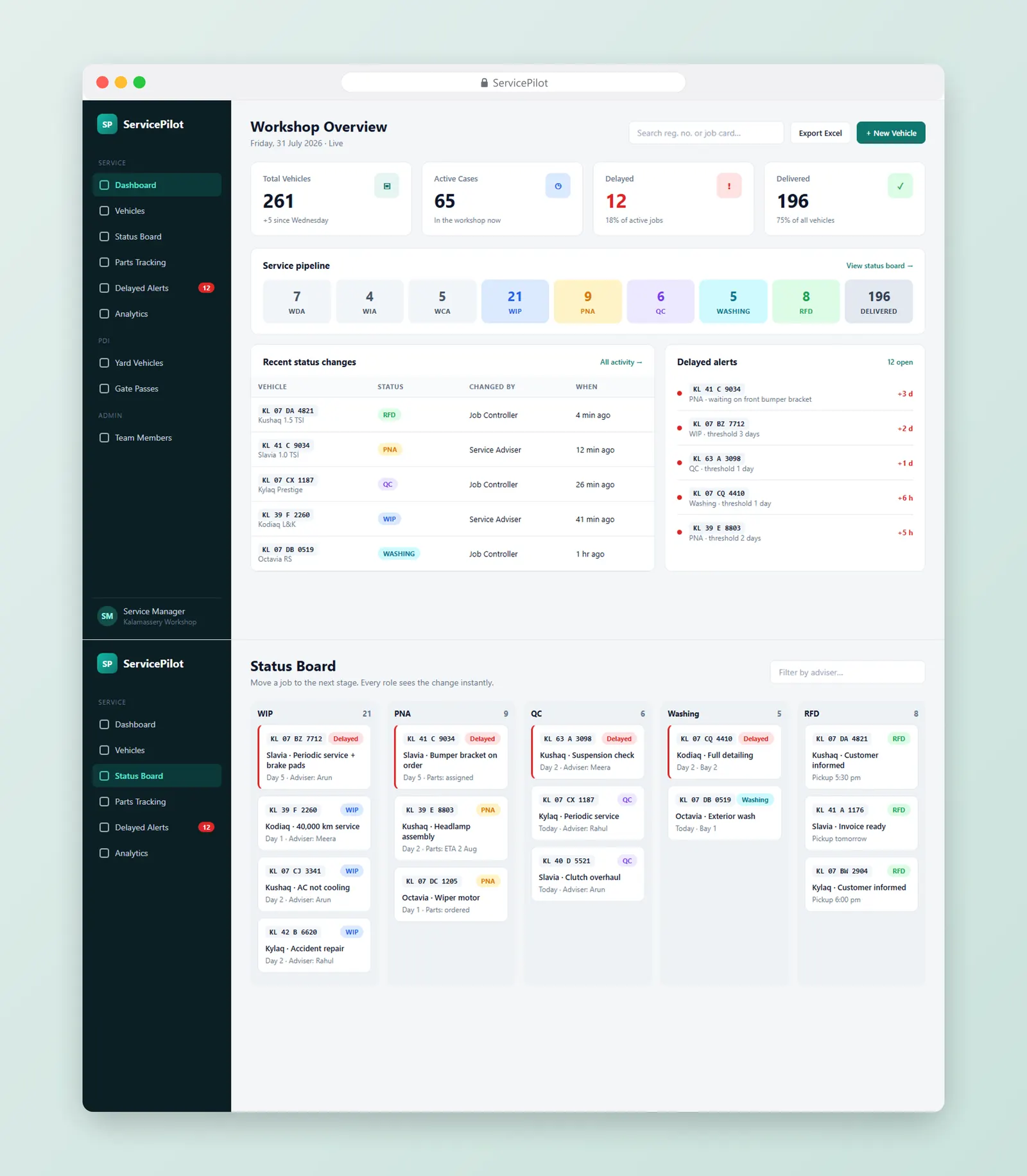 ServicePilot – page section 1 ServicePilot workshop tracking web app – full page section 1