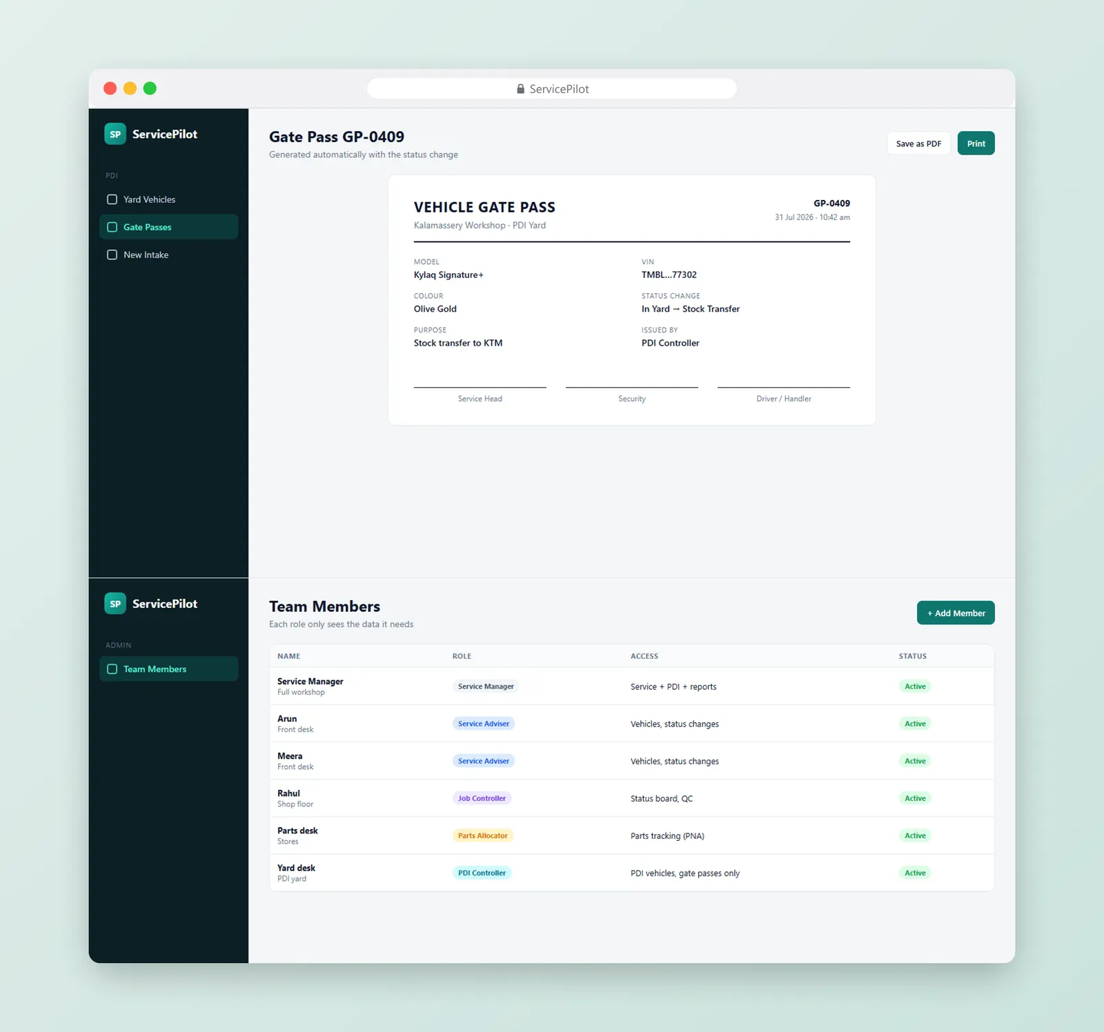 ServicePilot workshop tracking web app – full page section 3